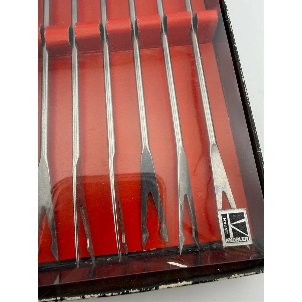 Knobler Fondue Forks Set of 12 Brown Mid Century Modern Wood Japan Stainless